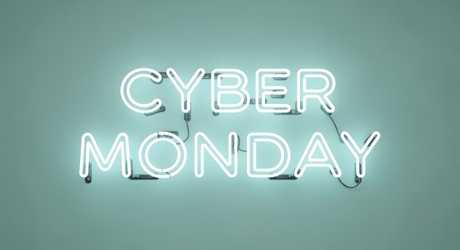 Cyber monday neon sign glowing with white light against a muted teal background, representing online shopping and digital sales events - Powered by Adobe