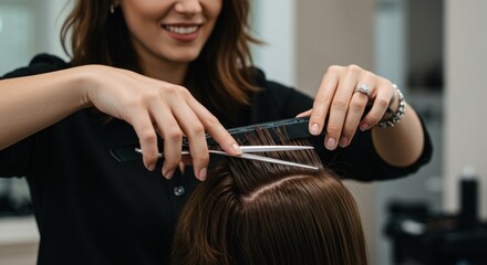 Fototapeta premium Hairdresser cuts hair with scissors and comb