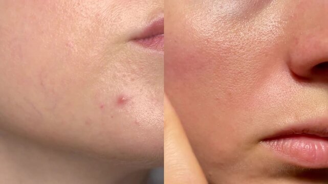 Macro video showing realistic skin texture before and after acne treatment. Visible pores, redness and healing process. Perfect for skincare, dermatology, beauty results, and product promotion.