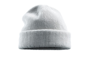 White knitted beanie hat with folded brim isolated on a transparent background wool
