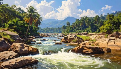 Scenic landscape of a river flowing through a tropical forest environment