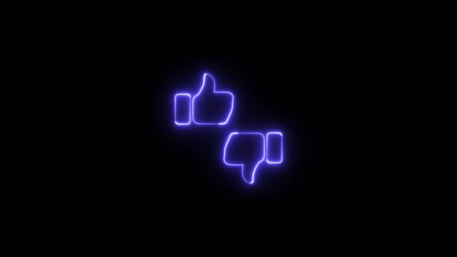 Neon like or dislike icon on black background. Neon shiny outline like-dislike sign animation.