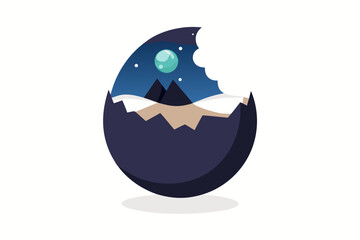 Abstract cracked egg shape with cosmic landscape inside