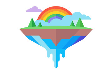 Floating island with a rainbow and waterfall in flat design style