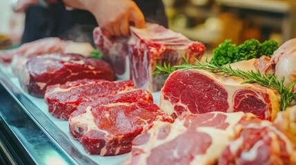 Fresh cuts of meat on display at market