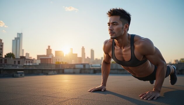 Fit man pushing up on rooftop with cityscape at sunrise, achieving peak physical condition and urban health goals.