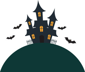 Spooky haunted mansion on a hill with bats flying around for halloween festivities isolated on transparent background