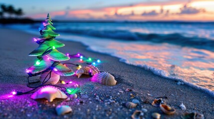 Colorful Seashell Christmas Tree with Lights on Tropical Beach at Sunset