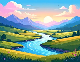Scenic Landscape of a River Flowing Through Green Meadows and Mountains