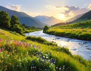 Scenic Landscape of a River Flowing Through a Valley with Flowers and Mountains
