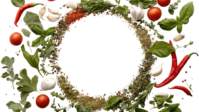 Fresh herbs, spices, and vegetables arranged in a circular frame around a dark center
