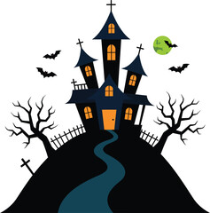 Spooky haunted house with bats and creepy trees for halloween celebration isolated on transparent background
