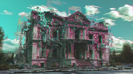 Obraz premium Digital Glitch Art: Surreal Decaying Mansion with Chromatic Aberration, Pixelated Fragments, and a Dystopian Aesthetic