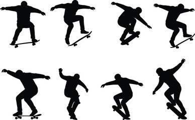 Skateboarder silhouettes, skateboarding tricks sequence, extreme sports illustration, dynamic motion, athlete action, urban lifestyle, balance skill, 