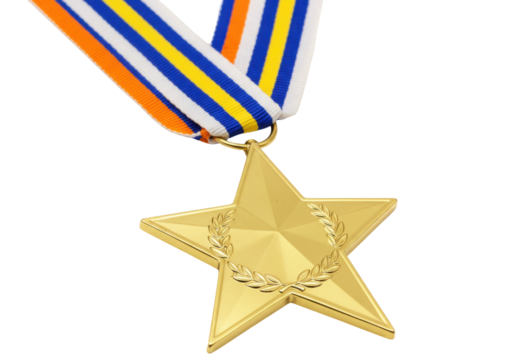 Isolated gold five-point star medal with ribbon for achievement, honor, award or military