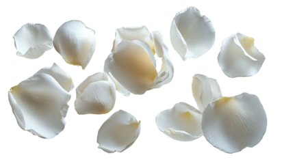 White rose petals scattered on black background