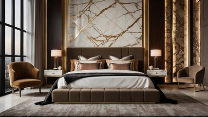 Trendy Living Room Setup with Cultural Artifacts and Warm Textiles. Luxury Walk-In Closet with Modern Lighting Bedroom Interior Design.