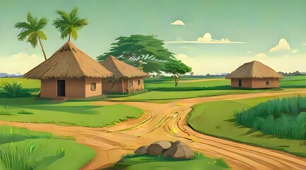  A colorful cartoon village featuring thatched huts surrounded by lush palm trees under a bright blue sky.