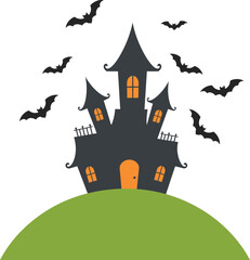 Spooky haunted mansion silhouette with bats flying around for halloween decorations and celebrations isolated on transparent background