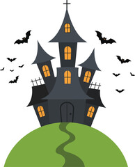 Spooky haunted castle on a green hill with bats flying around for halloween celebrations isolated on transparent background