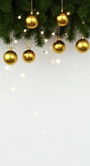 Christmas top border with lush fir branches, hanging golden baubles, and soft bokeh lights on white