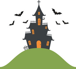 Spooky haunted house on a hill with flying bats silhouette for halloween decorations and graphics isolated on transparent background
