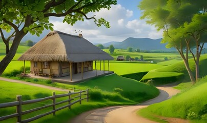  A quaint house surrounded by a lush green field under a clear blue sky.