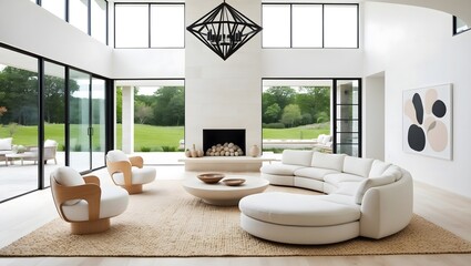 Rustic Farmhouse interior with Wooden Accents. Trendy Living Room Setup with Cultural Artifacts and Warm Textiles