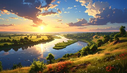 Scenic landscape of a river valley at sunset with vibrant colors and clouds