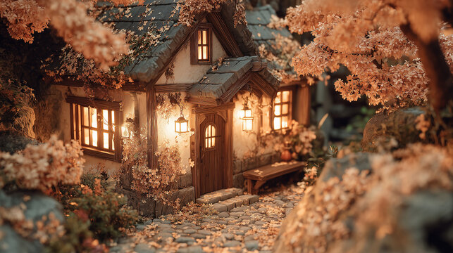 Charming autumn cottage nestled among glowing trees and leaves in a fantasy landscape