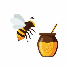Cartoon bee flying next to a glass jar of honey.
