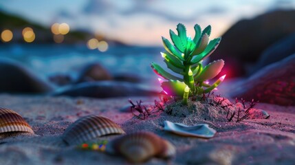 Colorful light plant decoration on sandy beach with seashells during twilight at seaside resort