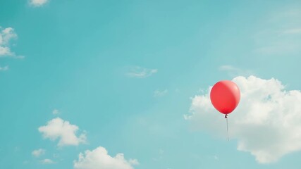 Red balloon floating in clear blue sky with white clouds - Powered by Adobe