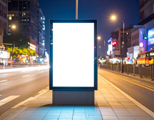 Empty Vertical space advertisement board, blank white signboard on roadside in city, Vertical blank billboard in city in night time, White signboard on roadside for advertisement placement
