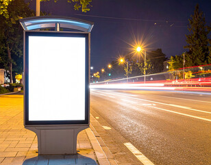 Light box display with white blank space for advertisement. Mock-up design concept with beautiful car light trails at night. Long exposure.