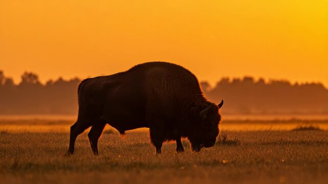 Silhouette of a bison grazing in a field at sunrise with warm orange sky