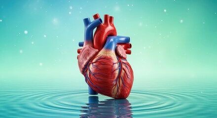 Anatomical human heart model floating on tranquil turquoise water surface with gentle ripples. The detailed organ displays vibrant red and blue coloring against a serene aquatic backdrop.