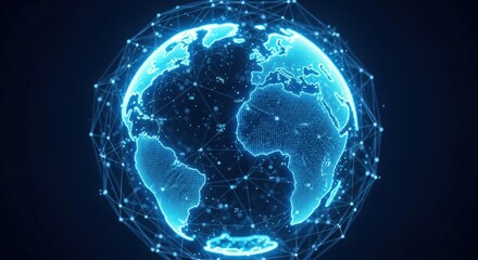 A digital rendering of a glowing blue and white planet Earth surrounded by a network of interconnected points and lines, representing a global communication and technology concept.
