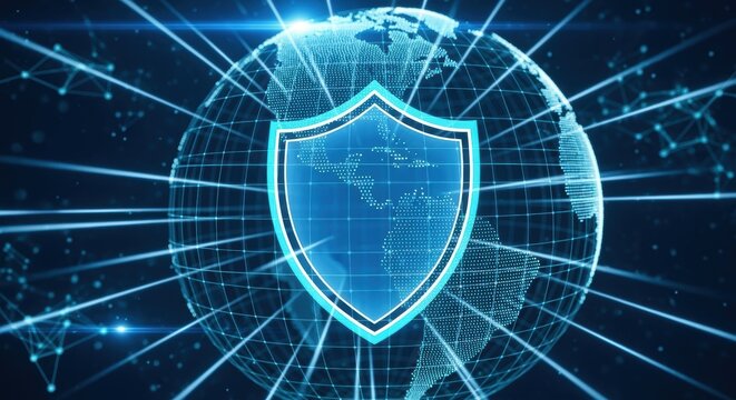 A digital Earth with a cybersecurity shield, surrounded by a glowing network, conveying global digital protection.