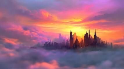 Dreamlike Futuristic City Above Clouds at Vibrant Sunset. Utopian Metropolis Silhouetted Against Radiant Pink and Orange Sky. - Powered by Adobe