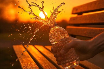 Detail shot of a water bottle being squeezed water splashing out in slow motion.
