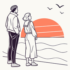 Couple watching sunset over ocean with birds flying above