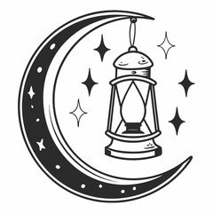 Crescent moon with a lantern and stars in a whimsical drawing style