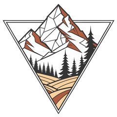 Geometric mountain landscape with pine trees and hills