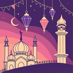 Islamic mosque with crescent moon and hanging lanterns festive background