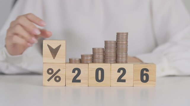 2026 New year with percentage change to UP and Down arrow with coin stack. Interest rate, GDP, stocks market, financial, deflation and Inflation, mortgage, debt, Loan and Economic Recession