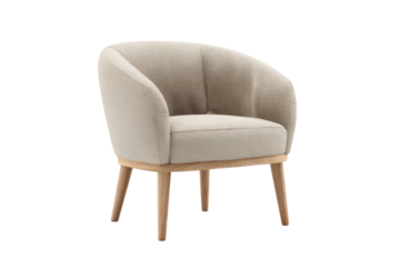 Beige armchair with curved back and light wood legs