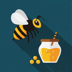 Honeybee in flight approaching honey jar.
