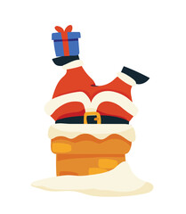 Santa Claus stuck in a chimney holding a gift box. Flat vector illustration on a white background. Christmas and New Year celebration concept. Flat vector cartoon isolated illustration.