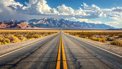 Scenic landscape of a road leading to mountains under a cloudy sky